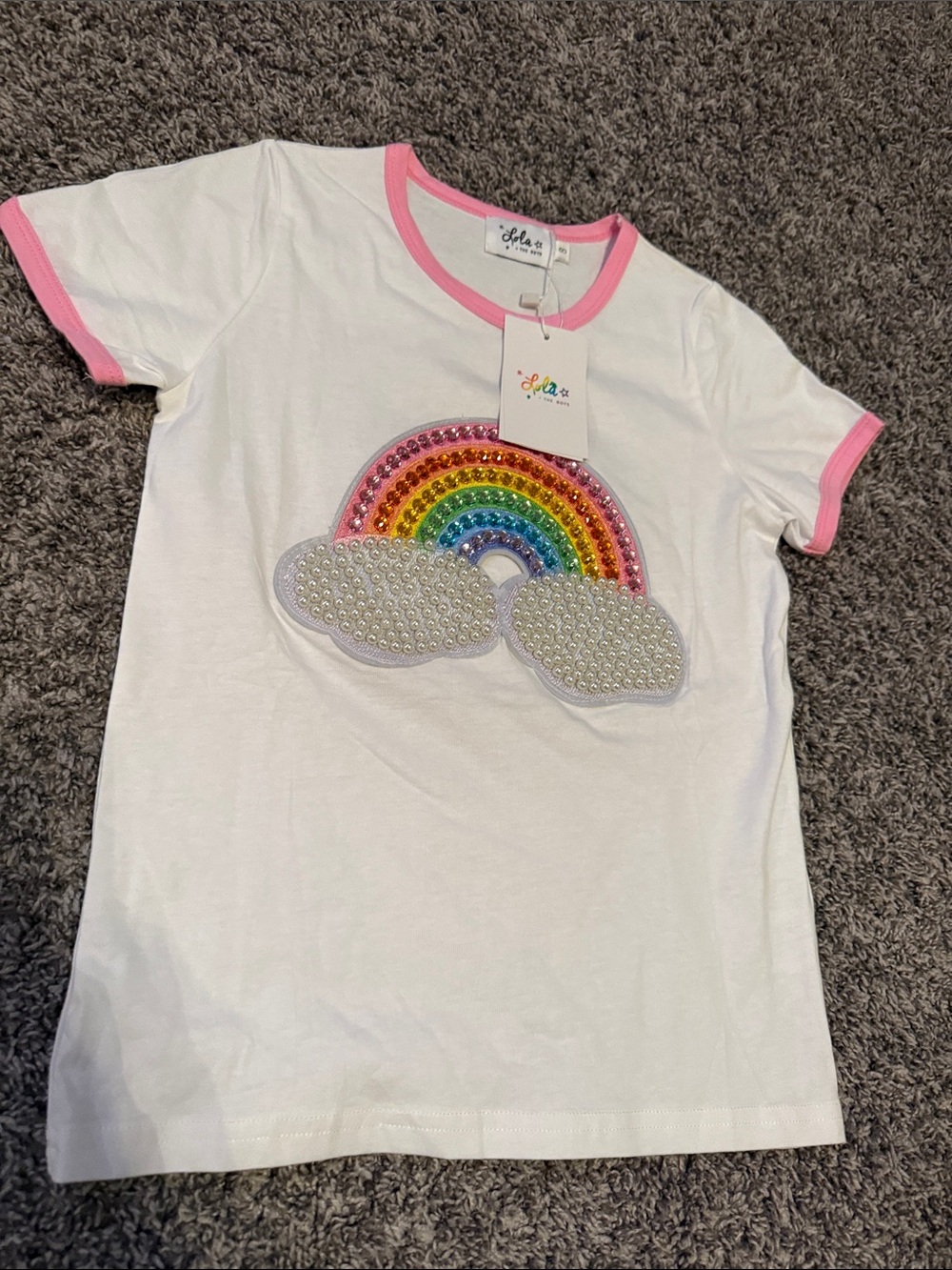 Lola + The Boys White Tee with Pink Trim and Sequin Rainbow